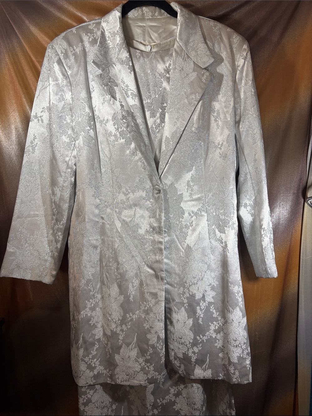 Vintage 00’s sparkly Silver Floral Brocade Long Blazer and maxi shift dress DD